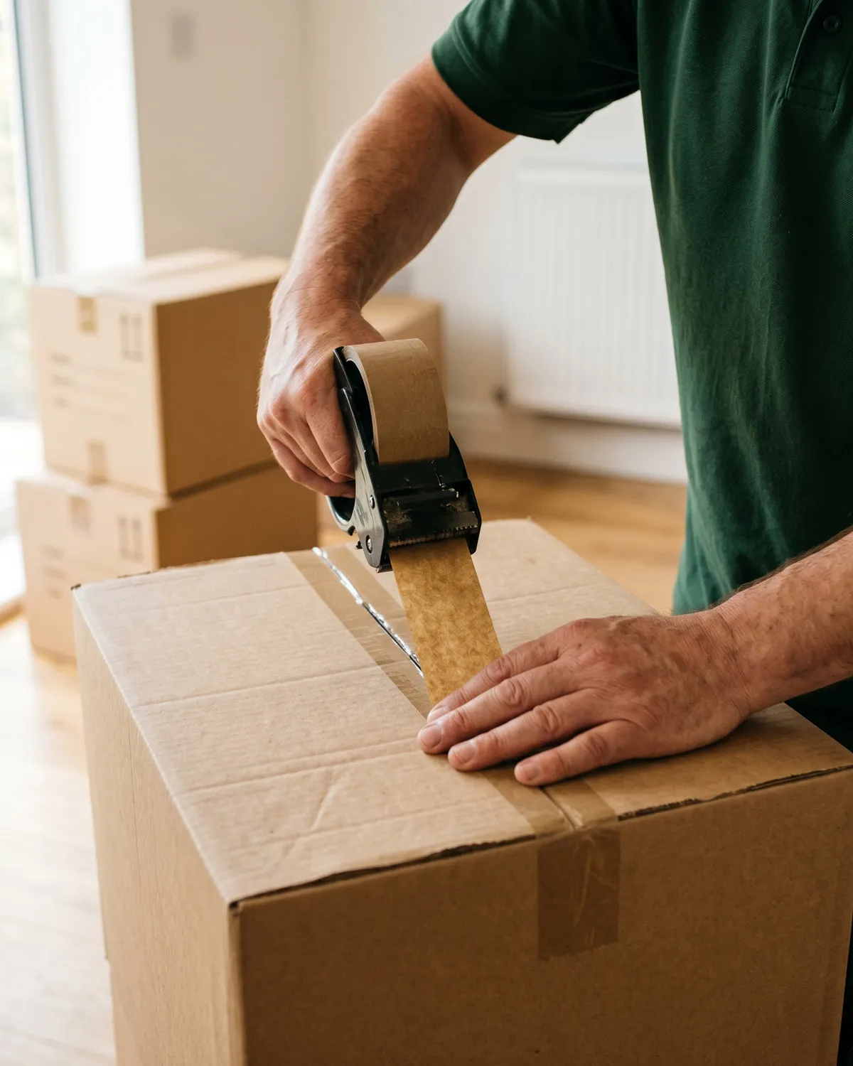 Green4Logistics removal team member in a dark green polo shirt sealing a cardboard moving box with a tape dispenser, with more packed boxes in the background