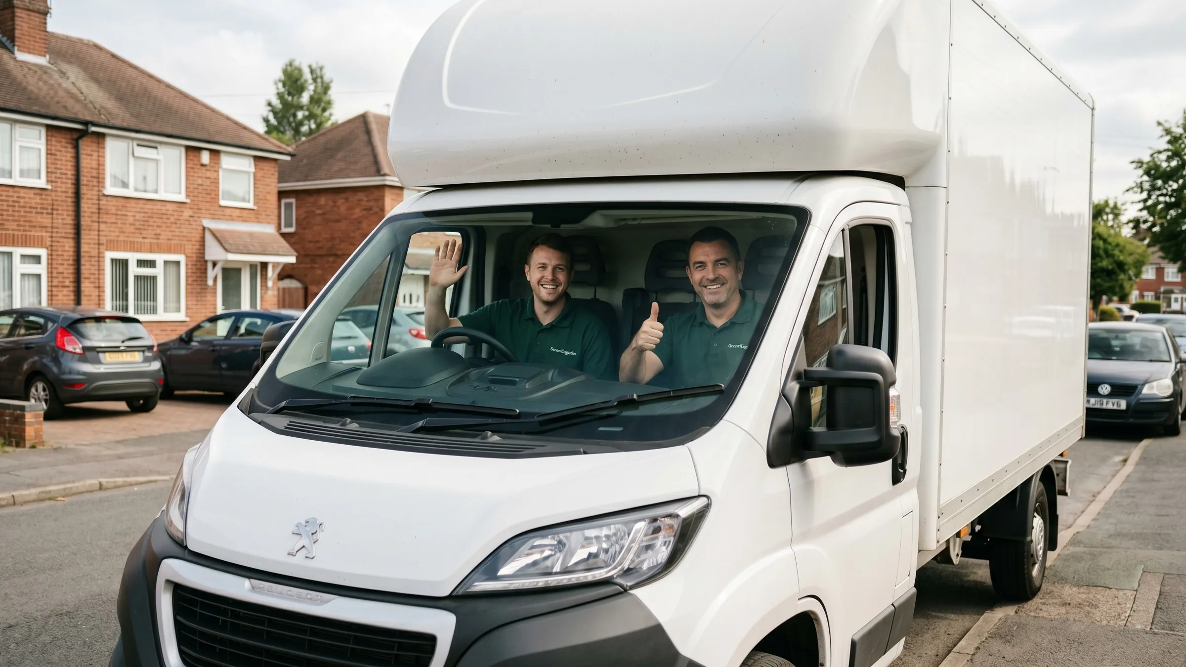 Two Green4Logistics removal team members waving from the cab of their branded Peugeot Luton van on a UK residential street