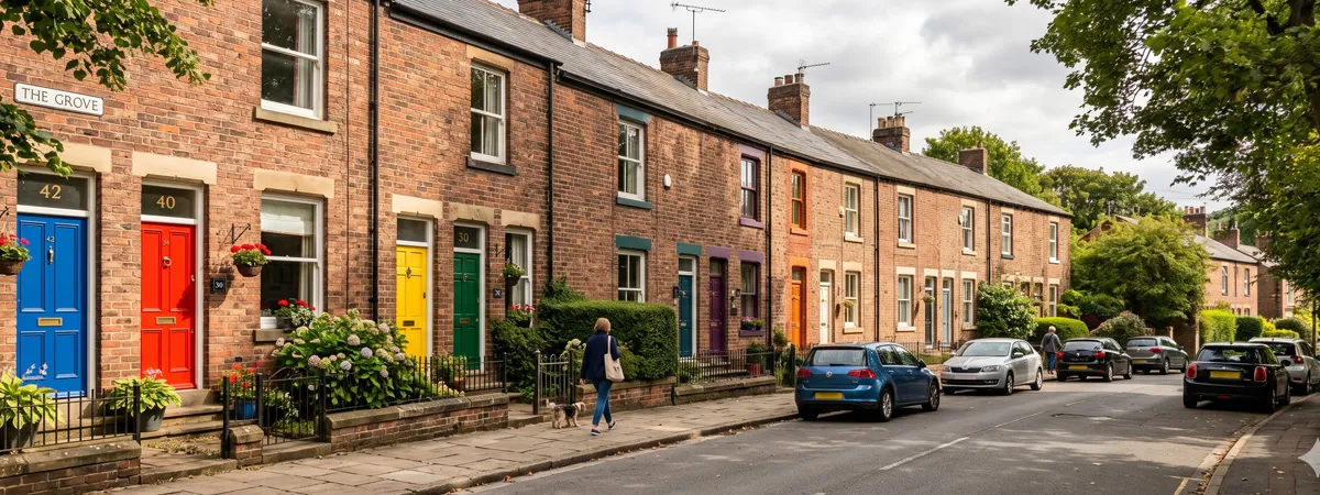 Row of colourful British terraced houses on a residential street