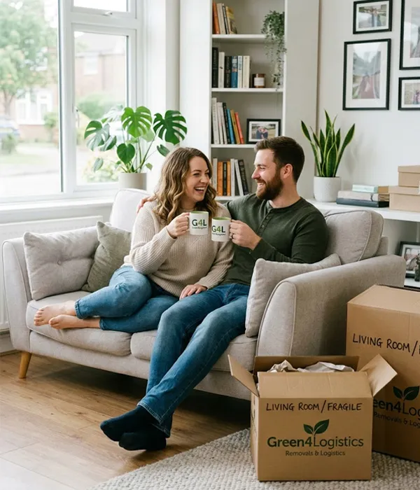 Happy couple relaxing at home surrounded by Green4Logistics removal boxes Stoke-on-Trent