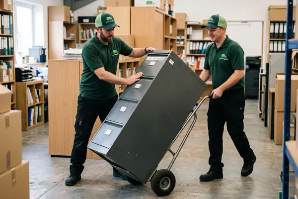 Green4Logistics team moving office furniture during a commercial removal in Stoke-on-Trent