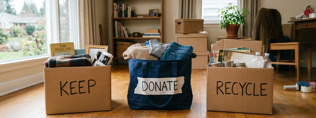 Keep, donate and recycle boxes sorted during a house clearance