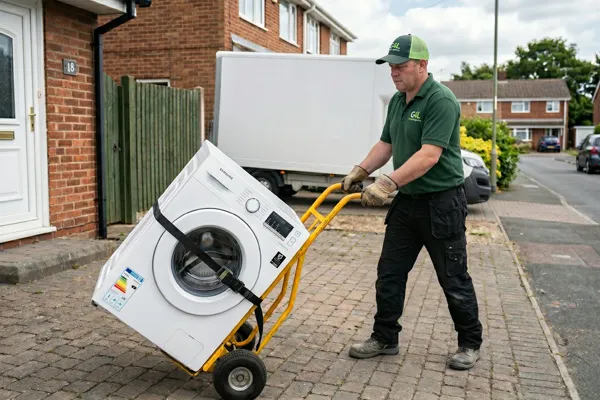 Green4Logistics man and van team member moving a washing machine on a sack truck.