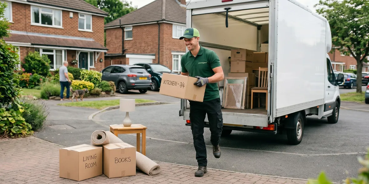 Green4Logistics man and van team unloading boxes from a removal van.