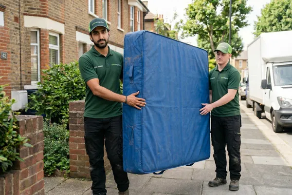 Two Green4Logistics man and van team members carrying a mattress during a removal.