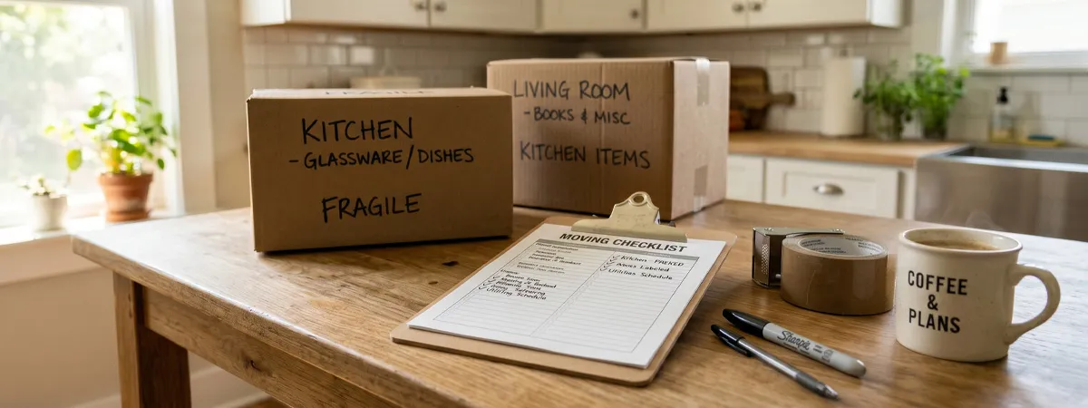 Moving house planning checklist, labelled fragile cardboard boxes, packing tape and marker pens on a bright kitchen table