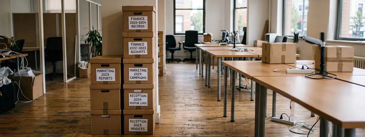 Labelled office archive boxes packed for a commercial move, Green4Logistics Stoke-on-Trent