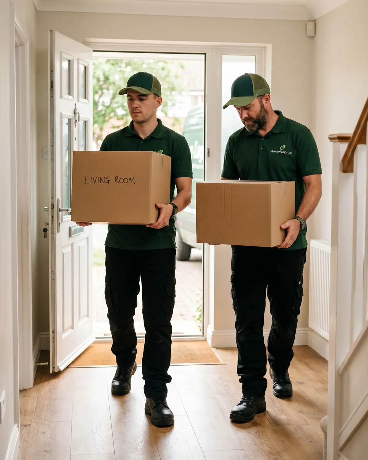 Two Green4Logistics removal team members in branded green polo shirts and caps carrying labelled cardboard moving boxes into the hallway of a UK home