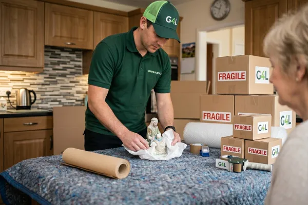 Green4Logistics team member carefully wrapping a porcelain figure.