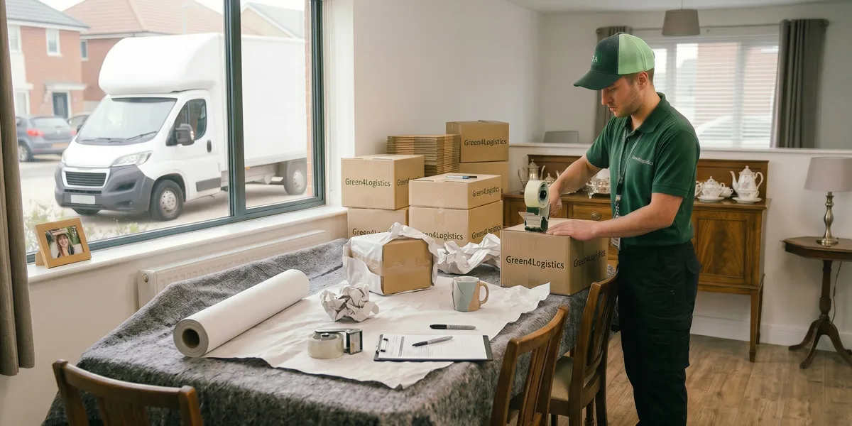 Green4Logistics team member packing boxes at a customer's home.