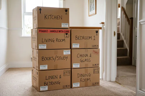 Stack of clearly labelled removal boxes ready for transport after professional packing by Green4Logistics