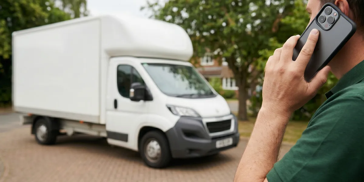Customer on the phone to Green4Logistics with a removals van in Stoke-on-Trent