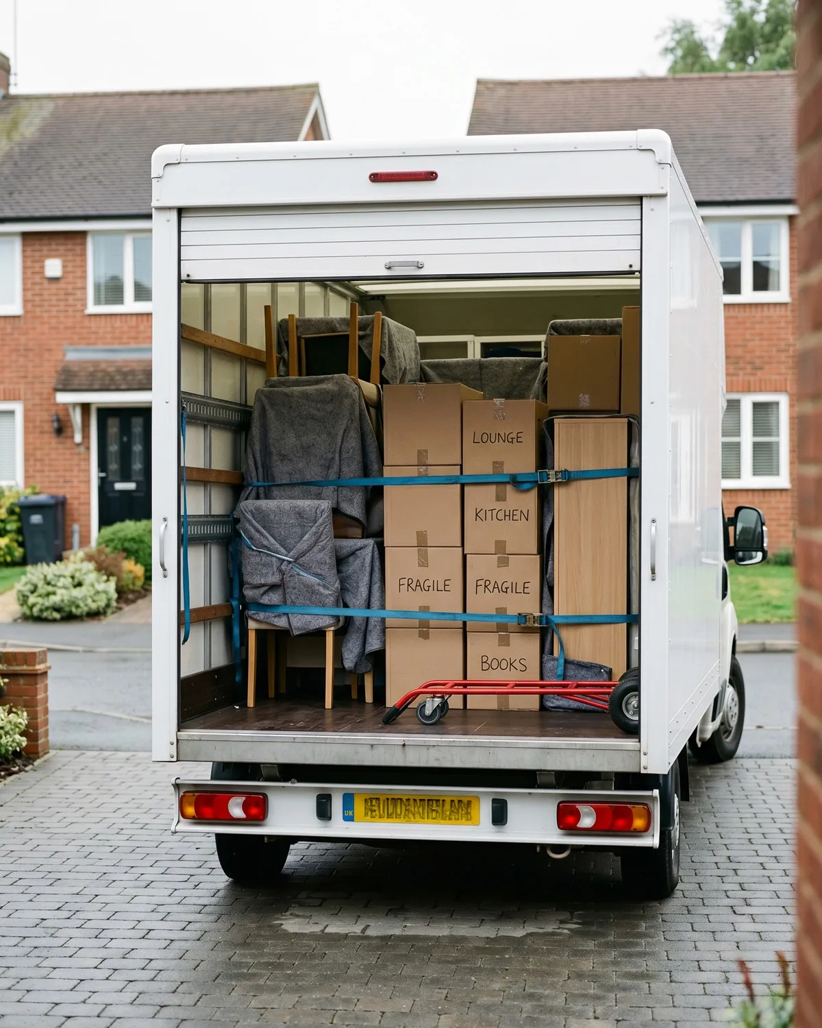 Green4Logistics removal van loaded with stacked moving boxes labelled Lounge, Kitchen, Fragile and Books, secured with blue straps and protected with moving blankets, parked on a UK residential driveway